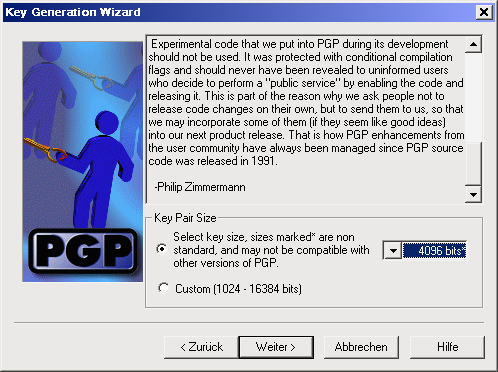 Screenshot: Schlüsselgröße